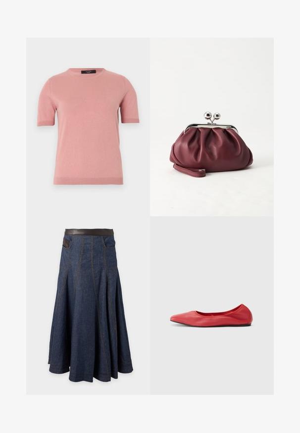 Pull tricoté rose pâle à manches courtes avec col rond et poignets et ourlet côtelés, présenté sur un fond uni clair.; Jupe en denim bleu foncé avec panneaux évasés, ceinture marron contrastante, poches avant et détails de couture visibles.; Filippa K REY FLATS - Ballerines - bright red; Petit sac pochette en cuir bordeaux avec fermoir métallique argenté et bracelet sur fond blanc.