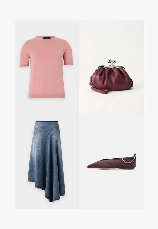 Zachtroze gebreide trui met korte mouwen, een ronde hals en geribbelde boorden en zoom, gepresenteerd tegen een eenvoudige lichte achtergrond.; Denim wikkelrok in een licht naar donkerblauwe gradient, met een geborduurd bloemenpatroon aan één kant en zichtbare stikdetails langs de randen.; Donkerbruine platte schoen met puntige neus, lage hak en een zilveren rijglin met strassteentjes aan de achterkant.; Kleine bordeauxrode leren clutch-portemonnee met zilverkleurige metalen sluiting en polsbandje op een witte achtergrond.