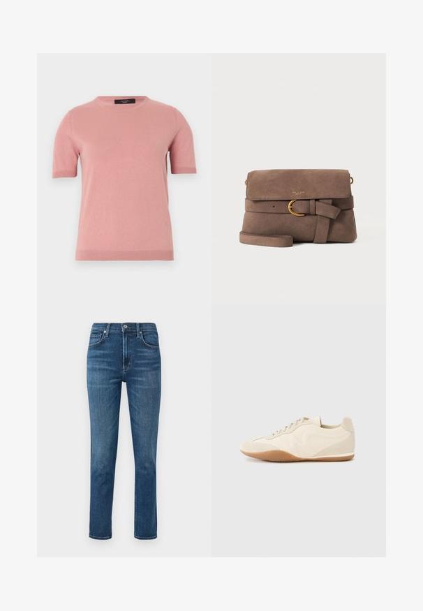 Weiches, rosa Strickpullover mit kurzen Ärmeln, Rundhalsausschnitt sowie gerippten Bündchen und Saum, präsentiert vor einem schlichten hellen Hintergrund.; Dunkelblaue Denim-Jeans mit geradem Bein, fünf Taschen-Design und einem Metallknopf an der Taille. Dezente Ausbleichungen und Nähedetails.; Hellbeige Sneaker mit strukturiertem Lederupper, strukturierten seitlichen Einsätzen und einer Gummisohle. Verfügt über ein schlankes, stromlinienförmiges Design und flache Schnürsenkel.; Braune Wildleder-Umhängetasche mit Vorderklappe, dekorativem Riemen mit goldener Schnalle und dünnem Schulterriemen auf weißem Hintergrund.