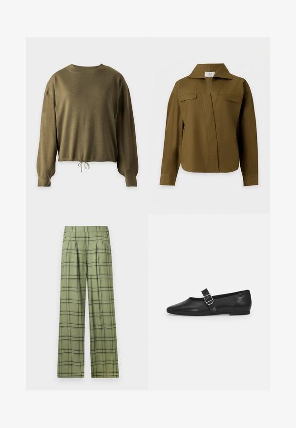 Langarmige olijfgroene gebreide trui met geribde boorden en zoom, met een koordje om te strikken in het midden onderaan.; JDY JDYWILLY ASYMMETRIC SHIRT - Overhemdblouse - dark olive; Groene wijde broek met een zwart plaid patroon en een hoge tailleband, voorplooien en zijzakken.; Zwarte leren platte schoen met een ronde neus, een enkele verstelbare gespsluiting en een gladde, glanzende textuur. Minimalistisch ontwerp met een lage hak.