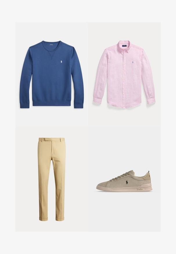 Blauwe crewneck trui gemaakt van zachte stof, met een geribbelde halslijn en manchetten, en een klein wit logo op de linkerborst.; Lichtroze overhemd met lange mouwen, dunne witte verticale strepen en een klein blauw geborduurd logo op de linkerborst.; Beige op maat gemaakte herenbroek met riemlussen en omgeslagen pijpen, getoond tegen een effen lichte achtergrond.; Lichtbeige suède lage sneaker met Polo-logo op de zijkant en hiel, combinatie van veters aan de voorkant en een beige rubberen zool.