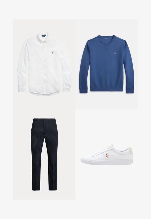 Sweat-shirt bleu à col rond en tissu doux, avec un col et des poignets côtelés, orné d'un petit logo blanc sur la poitrine gauche.; Chemise blanche à manches longues avec boutons, col boutonné et petit logo Polo Ralph Lauren foncé sur la poitrine gauche.; Pantalon de costume noir pour homme avec fines rayures verticales blanches, passants de ceinture et coupe droite.; Baskets en toile blanches avec un design basse, présentant un onglet de talon beige et un petit logo brodé sur le côté. Semelle en caoutchouc.
