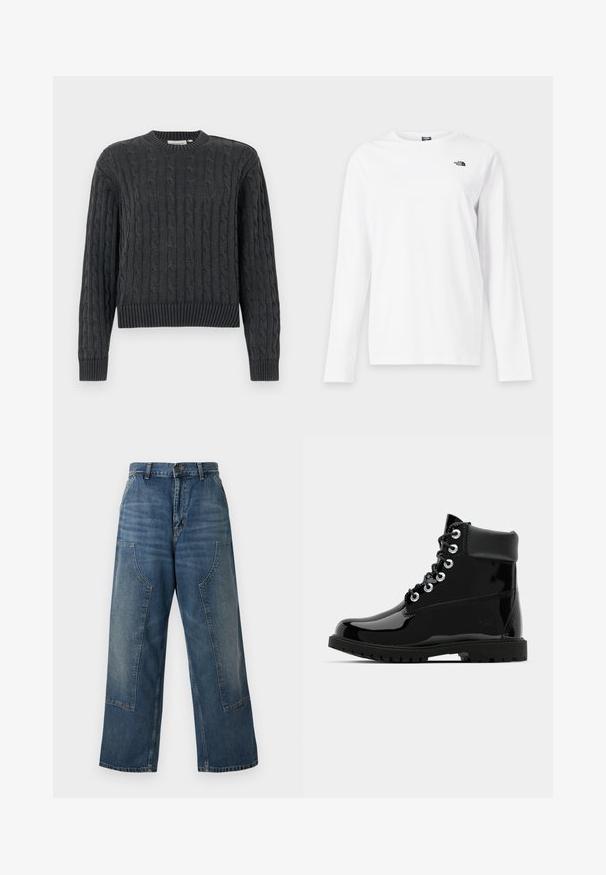 Pull en maille torsadée gris foncé avec manches longues, poignets, ourlet et col rond côtelés, présenté sur un fond uni.; T-shirt blanc à manches longues avec col rond et petit logo noir The North Face sur le côté gauche de la poitrine.; Jean en denim à jambe large avec une teinte bleu moyen, doté d'une taille haute et de détails en panneaux contrastants. Fabriqué en coton robuste.; Bottes noires brillantes à la cheville avec une finition en cuir verni lisse, bout rond, laçage à six œillets et semelle en caoutchouc robuste.