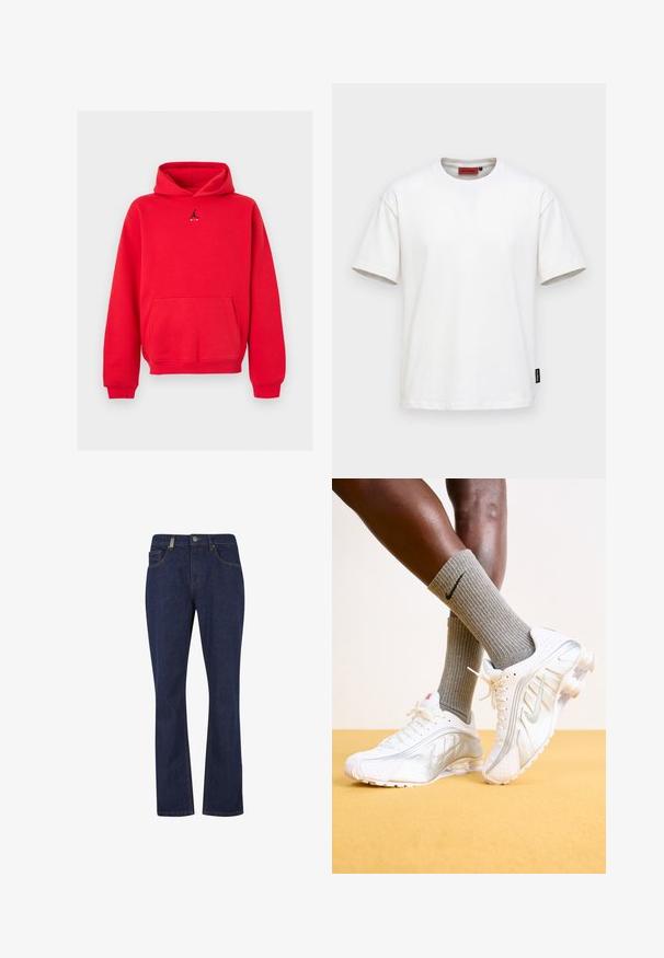 Rød hættetrøje med frontlomme og sort Jumpman Air-logo centreret på brystet, vist på en lys grå baggrund.; Simpel hvid T-shirt med korte ærmer og rund halsudskæring, rød inderlabel og lille sort sideetiket på lys baggrund.; Mørkeblå jeans med lige ben, foran med knap og lynlås, med forreste og bageste lommer samt synlige sømdetaljer.; Nike sneakers i hvid med sølv accenter, der har teksturerede paneler og perforeringer. Sammen med grå ribbede sokker, sat mod en gul baggrund.
