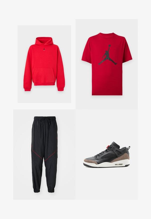 Punane kapuutsiga pusa ees tasku ja must Jumpman Air logo rinnal keskel, esitletud heleda halli taustal.; Punane lühikeste varrukatega t-särk musta korvpallimängija siluetiga, kes hüppab ja hoiab ühes käes palli kõrgel.; Mustad mustelõngad, mis on valmistatud kergest kangast, punaste aktsentõmblustega, elastse vöökohtaga ja nööriga, ning elastsete mansettidega.; Mustast ja pruunist kõrge säärega toss valge tallaga, võrkmaterjalist külgpaneelidega ja nähtava õhupadjaga kandosas.