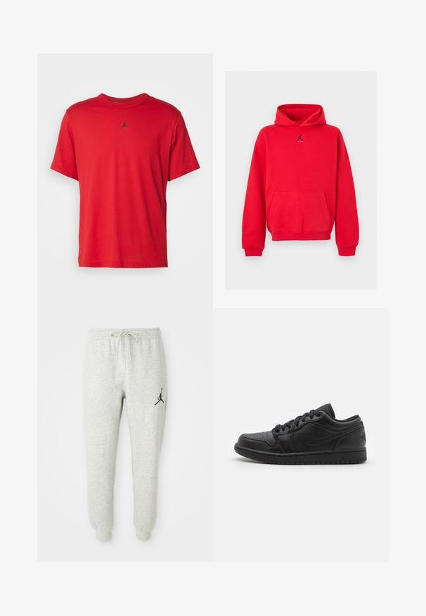 Sudadera roja con capucha, bolsillo delantero y logo negro de Jumpman Air centrado en el pecho, mostrado sobre un fondo gris claro.; Camiseta corta de algodón roja con mangas cortas, cuello redondo y un pequeño logo negro de Jordan en el pecho, con un dobladillo recto.; Pantalones de chándal grises con cintura elástica y cordón, con un logo Jumpman negro en la pierna izquierda, fabricados con tela suave y texturizada.; Zapatillas bajas de cuero negro con puntera perforada, cordones planos, acolchado en el collar y suela texturizada. Presenta un logo sutil en el talón.