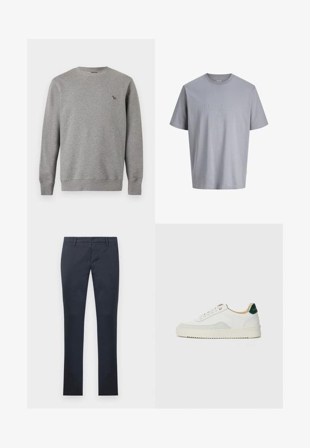 Sweat-shirt gris à manches longues col rond avec poignets et ourlet côtelés, arborant un petit logo zèbre rayé multicolore sur la poitrine gauche.; T-shirt gris clair à manches courtes avec col rond, texte embossé subtil "ORIGINALS" et petit texte supplémentaire sur la poitrine.; Pantalon slim bleu marine avec poches avant, passants pour ceinture et fermeture éclair devant, posé à plat sur un fond blanc.; Baskets blanches avec des accents en daim, bout arrondi, lacets plats et semelle en caoutchouc crème. Présente une marque verte sur le talon.