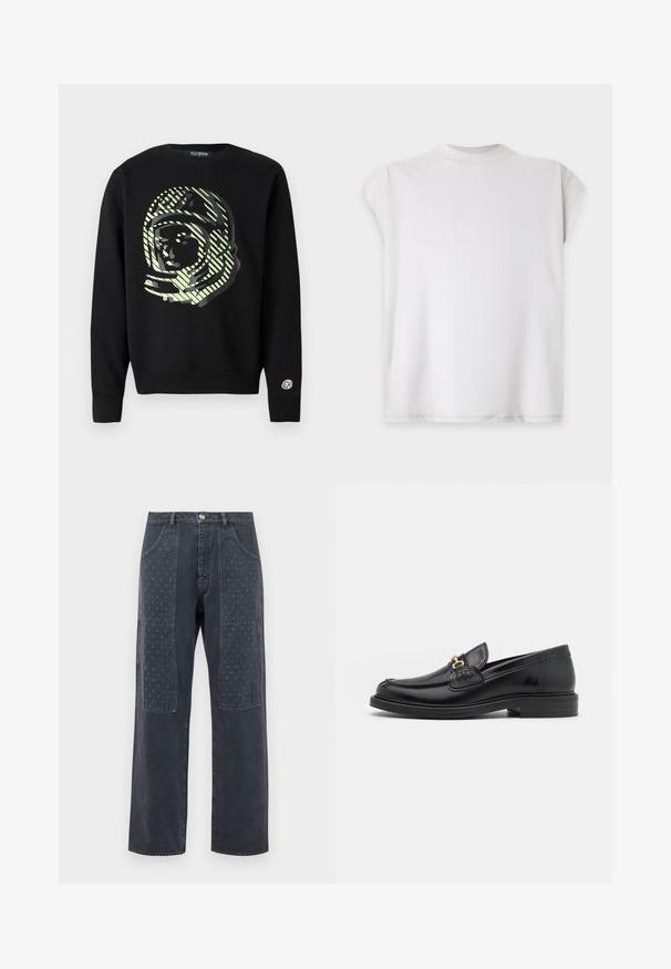 Sudadera negra con un gran gráfico de astronauta en verde claro, con rayas diagonales. Puños y cintura de canalé, logotipo en la manga.; Camiseta blanca lisa de manga corta con cuello redondo, presentada plana sobre un fondo claro.; Vaqueros gris oscuro con corte de pierna ancha, que presentan parches decorativos en la parte frontal con un sutil patrón floral y detalles de bolsillo estándar.; Mocasines de cuero negro con punta redondeada, que cuentan con un detalle de herrajes dorados y costuras, situados sobre una suela de goma texturizada y baja.