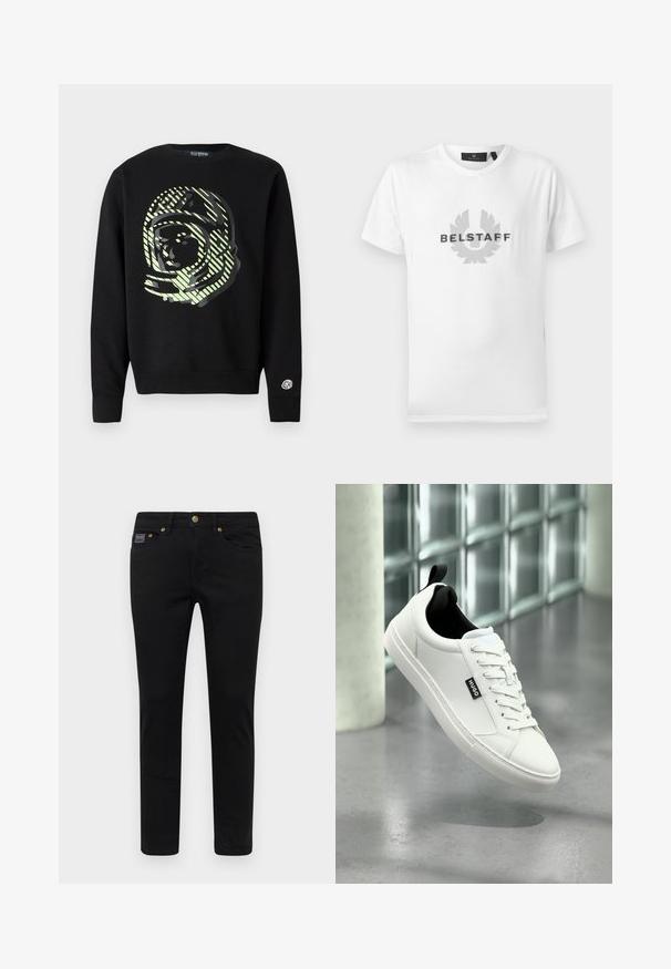 Schwarzer Sweatshirt mit großem Astronauten-Motiv in Hellgrün und diagonalen Streifen. Gerippte Bündchen und Saum, Logo auf dem Ärmel.; Weißes T-Shirt mit kurzen Ärmeln und Rundhalsausschnitt, mit grauem Belstaff-Logo und Emblem, zentriert auf der Brust.; Schwarze Jeanshose mit schmaler Passform, ausgestattet mit einem Knopfverschluss, fünf Taschen und goldenen Hardware-Details. Der Stoff ist glatt und hat ein einfarbiges Design.; Weißer Ledersneaker mit schwarzer Innenfütterung, flacher Schnürung und sichtbarem Logodetail. Verfügt über eine strukturierte Gummisohle für besseren Halt.