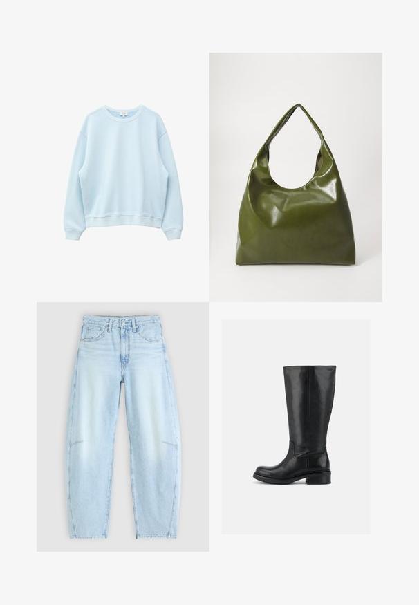 Lyseblå langærmet crewneck-sweatshirt med ribstrikkede manchetter og kant, vist på en hvid baggrund.; Lyseblå denimjeans med en afslappet pasform, der har høj talje, fem-lommers design og subtilt slid med frynset kant.; Høj sort læderstøvle med lav blokhæl og rund tå, glat overdel med minimal syning på ensfarvet baggrund.; Grøn læder hobo taske med en slouchy design, buet håndtag og glat tekstur. Indeholder ingen synlig hardware eller accenter.