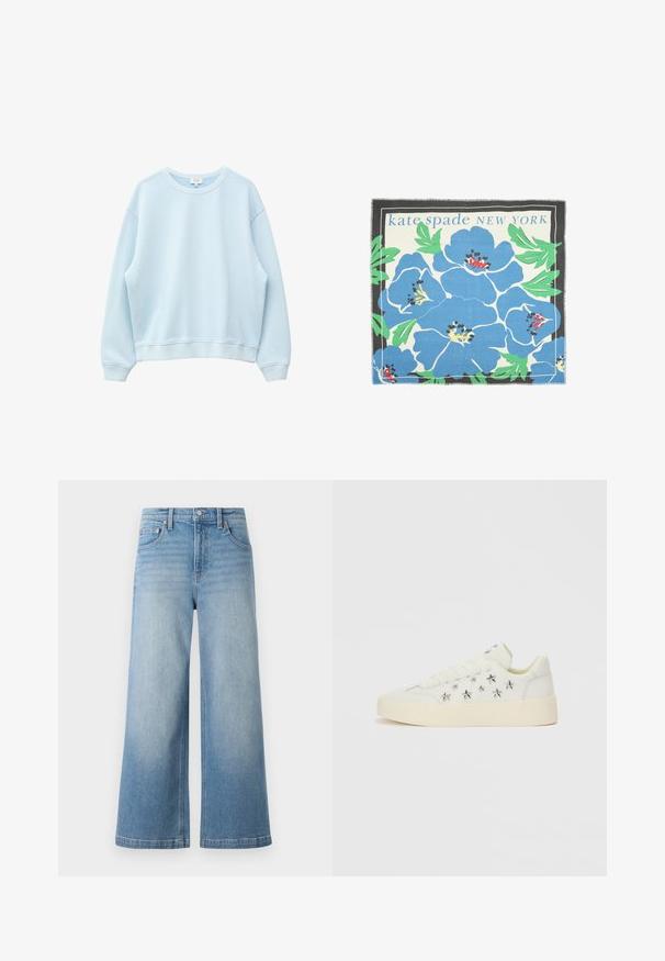 Lichtblauw sweat met lange mouwen en ronde hals met geribbelde boorden en zoom, afgebeeld op een witte achtergrond.; Lichtblauwe denim brede pijpen jeans met een hoge taille, vijf-pocket ontwerp, zichtbare stiksels en een knoopsluiting aan de voorkant.; Witte sneaker met een bovenwerk van glad leer. Voorzien van zilveren sterbedels en een dikke, gestructureerde zool. Vetersluiting.; Blauwe vierkante sjaal met een zwarte rand, versierd met grote blauwe bloemen met zwarte hartjes en groene bladeren op een roomkleurige achtergrond.