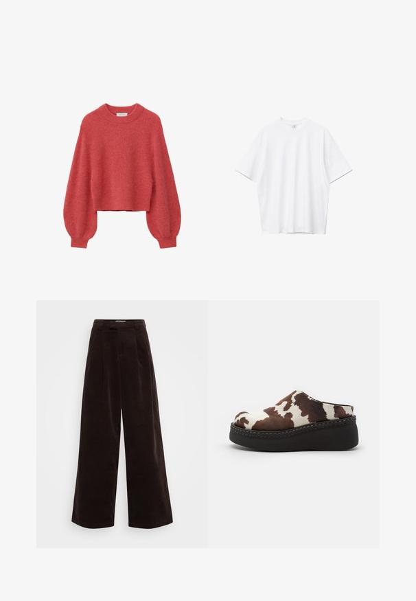 Roter, kurz geschnittener Strickpullover mit Ballonärmeln sowie gerippten Bündchen und Kragen vor weißem Hintergrund.; Schlichtes weißes T-Shirt mit kurzen Ärmeln und Rundhalsausschnitt, locker und leicht oversized geschnitten, vor weißem Hintergrund.; ONLY Tall ONLSVEA NESSA CORD WIDE - Stoffhose - seal brown; Braune und weiße Kuhfell-Print-Plateausandalen mit einem weichen Obermaterial, abgerundeter Zehenpartie und einer robusten schwarzen Gummisohle. Nahtdetail an der Unterseite.