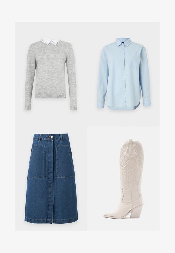 Grå sweater med lange ærmer, der har en hvid krave udsmykket med dekorative nitter. Lavet af et blødt, tekstureret stof.; Lyseblå knap-up skjorte lavet af bomuld, med en klassisk krave, lange ærmer, en enkelt brystlomme og en buet nederdel.; Mørkeblå denim knælængde nederdel med knaplukning foran, bæltestropper og to store forlommer med klap.; Hvide læder cowboystøvler med spidse tæer og blokhæle. Har intrikate syninger på skaftet og en glat tekstur.