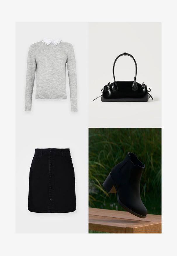 Grå sweater med lange ærmer, der har en hvid krave udsmykket med dekorative nitter. Lavet af et blødt, tekstureret stof.; Sort denimnederdel med frontknaplukning, to lommer, lige pasform og en ren kant. Fremstillet af et kraftigt stof med en glat tekstur.; Sort ankelstøvle med blokhæle svævende over en træbænk, med grønt græs i baggrunden.; Lille sort blank håndtaske med to lange håndtag og snøre-detaljer i siden på en ensfarvet lys baggrund.