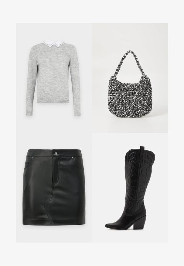 Grijze trui met lange mouwen, voorzien van een witte kraag versierd met decoratieve studs. Gemaakt van een zachte, gestructureerde stof.; Zwarte nepleer mini-rok met een voorknop, ritsluiting, voor- en achterkant zakken, en naaddetail.; Zwarte leren kniehoge laarzen met puntige neus en gestapelde hak. Voorzien van decoratief stiksel en gebogen designelementen.; Geweven handtas in zwart en wit met een ronde vorm, gestructureerd oppervlak en een gevlochten handvat. Geschikt voor dagelijks gebruik.