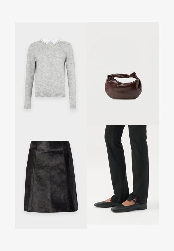 Grå sweater med lange ærmer, der har en hvid krave udsmykket med dekorative nitter. Lavet af et blødt, tekstureret stof.; Sort læder mini-nederdel med en glat, tekstureret overflade. Har en tætsiddende talje og rene linjer, der fremhæver det strømlinede design.; Ben iført sorte smalle bukser med forreste slidser ved kanten, parret med sorte flade Mary Jane-sko med lille spænde.; Mørkebrun læder skuldertaske med en blød, afslappet form og et snoet knudehåndtag på en ensartet hvid baggrund.