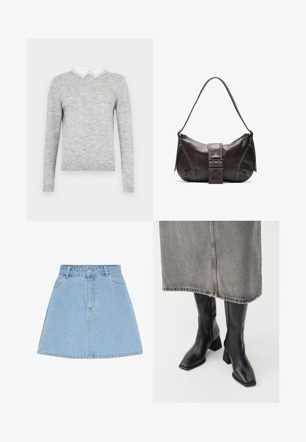 Jersey gris de mangas largas, con un cuello blanco decorado con tachuelas. Fabricado en un tejido suave y texturizado.; Falda línea A de denim azul claro con cierre frontal de botones y cremallera, presillas para cinturón y dos bolsillos delanteros.; Botas negras hasta la rodilla de cuero liso con punta cuadrada y tacón cuadrado. Llevadas con una falda de mezclilla gris con dobladillo desflecado.; Bolso de hombro de cuero marrón con forma curva, que presenta un prominente detalle de hebilla, costuras en contraste y una sola correa para el hombro.