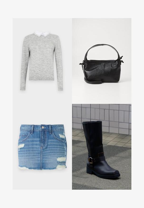 Grijze trui met lange mouwen, voorzien van een witte kraag versierd met decoratieve studs. Gemaakt van een zachte, gestructureerde stof.; Denim mini-jurk in lichtblauw met een versleten afwerking. Kenmerkt zich door een rafelige zoom, vervaagde delen en verschillende scheuren. Voorzijde met knoopsluiting en zakken.; Zwarte leren laars tot halverwege de kuit met een lage hak en een decoratief riempje met metalen gesp, staand op een grijs bestraatte ondergrond nabij een betegelde muur.; Zwarte leren handtas met een gestructureerd ontwerp, een ronde bovenhandgreep en een afneembare schouderriem. Beschikt over een gladde textuur en een subtiele glans.