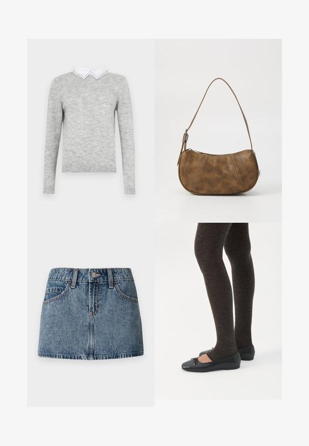 Grå sweater med lange ærmer, der har en hvid krave udsmykket med dekorative nitter. Lavet af et blødt, tekstureret stof.; Denim mini nederdel i middelblå vask, med en tætsiddende talje, forlommer og subtile syninger. Glat, struktureret stoffinish.; Ben iført mørke ribbede leggings kombineret med sorte balletsko med små sløjfedetaljer på hvid baggrund.; Brun faux læder skuldertaske med en buet form, en enkelt strop, kontrasterende syninger og en lynlåslukning langs den øverste kant.