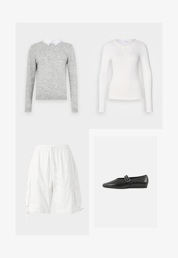 Grauer Pullover mit langen Ärmeln, ausgestattet mit einem weißen Kragen, der mit dekorativen Nieten verziert ist. Hergestellt aus einem weichen, strukturierten Stoff.; Weißes Langarmhemd aus einem weichen, glatten Stoff; hat einen runden Ausschnitt und eine figurbetonte Passform, ohne Muster oder Verzierungen.; Weiße Cargo-Shorts mit elastischem Bund und Kordelzug, ausgestattet mit zwei Seitentaschen und verstellbaren Saumkordeln. Hergestellt aus leichtem Stoff.; Schwarze Lederflachschuhe mit spitzem Zehenbereich, ausgestattet mit einem metallischen Riemen über dem Spann und einer niedrigen, flexiblen Sohle.