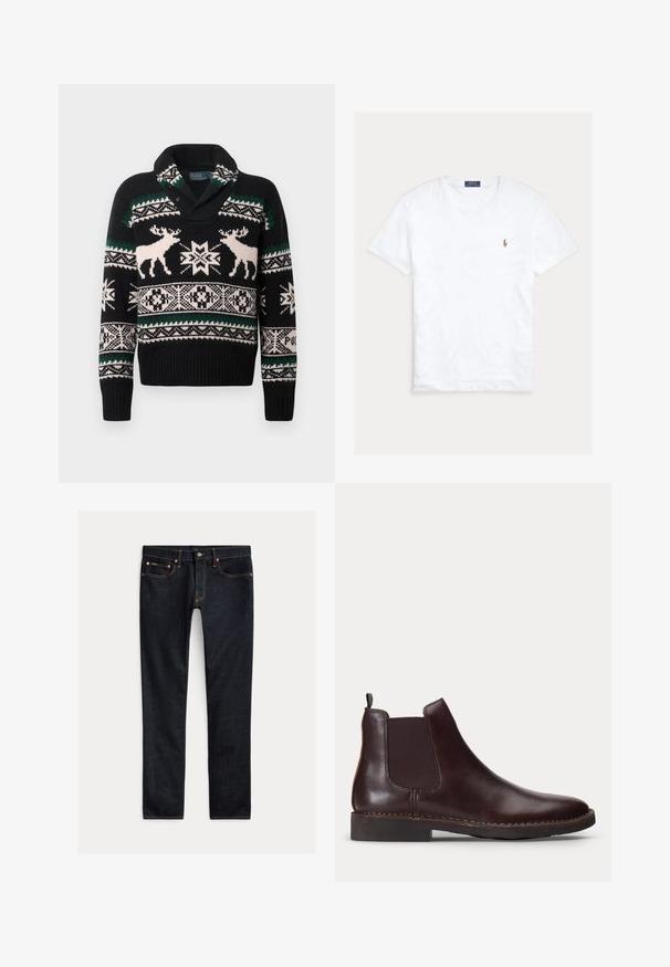 Zwarte gebreide trui met witte en groene Noorse patronen, met twee witte rendieren en geometrische sneeuwvlokontwerpen op de borst en mouwen.; Witte T-shirt met korte mouwen en ronde hals met klein geborduurd Polo Ralph Lauren-logo op de linkerborst en een blauw merklint binnenin de kraag.; Donkerblauwe slim-fit jeans met vijf zakken, knoopsluiting en contrasterende stiksels, plat gelegd op een lichte achtergrond.; Donkerbruine leren Chelsea-boot met elastisch zijpaneel en lage hak, weergegeven in profiel op een witte achtergrond.