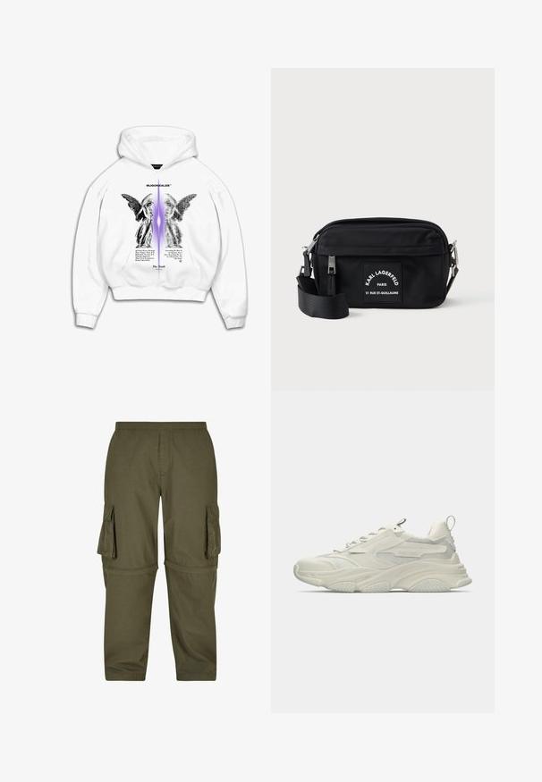 Hvid hættetrøje med en frontlomme, prydet med sorte grafiske tryk af engle og tekst, accentueret af en central lilla gradient.; Olivengrøn cargo-bukser lavet af letvægtsstof, med flere sidelommer, elastisk talje og lige pasform.; Kraftig hvid sneaker med mesh-detaljer, tekstureret gummisål og afrundet form. Har minimal branding og en trækflap på hælen.; Sort nylon crossbody taske med lynlås, justerbar rem og et hvidt mærke med teksten "Karl Lagerfeld Paris." Kompakt design.