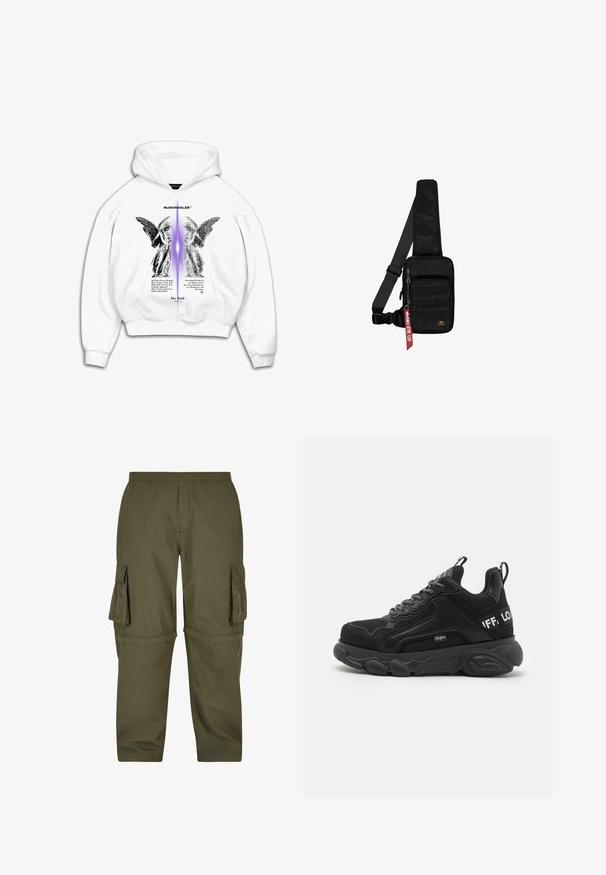Sudadera blanca con un bolsillo frontal, adornada con estampados gráficos negros de ángeles y texto, acentuada por un degradado central en púrpura.; Pantalones cargo verde oliva hechos de tejido ligero, con varios bolsillos laterales, una cintura elástica y un diseño de corte recto.; Zapatillas negras con suela gruesa, parte superior de malla y ante, diseño de cordones y acentos de logo. Detalles texturizados en los lados y la parte posterior.; Bolso bandolera negro hecho de tela texturizada. Cuenta con un compartimento principal con cremallera, bolsillo delantero con cinta, correa ajustable y una etiqueta decorativa.