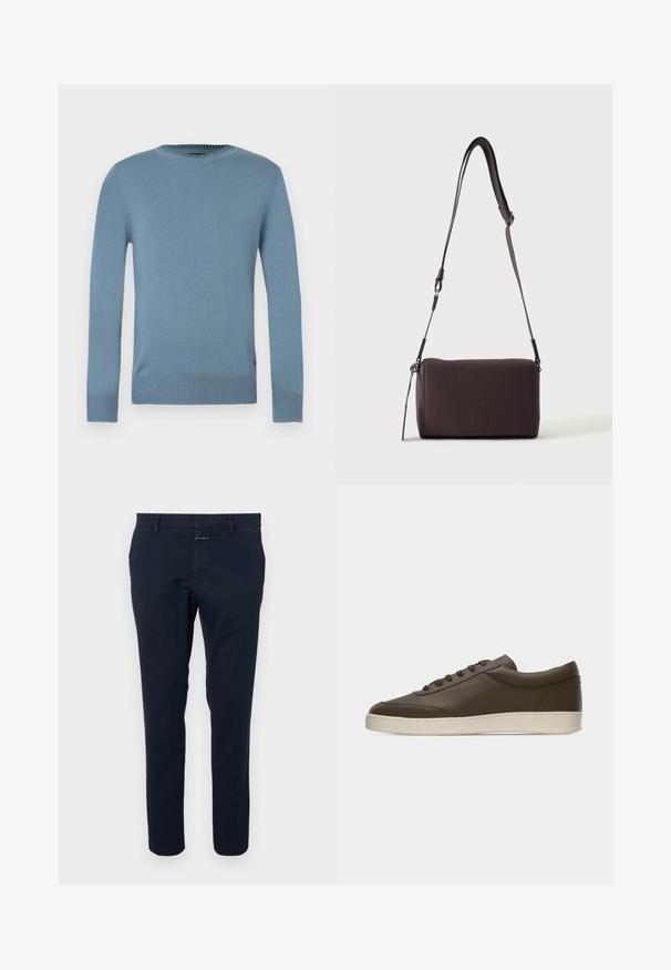 Hellblauer Pullover aus glatt gestricktem Stoff mit langen Ärmeln, geripptem Halsausschnitt und Saum. Verfügt über ein schlichtes Design ohne Muster.; Navyblaue Baumwollchinos mit slim Fit, flachem Vorderteil und Reißverschluss. Verfügt über seitliche Taschen und eine Gesäßtasche mit einem kleinen Markentag.; Dunkelbrauner Sneaker aus Leder mit niedrigem Schaft, Schnürung an der Vorderseite und kremfarbenem Gummisohlenrand, von der Außenseite auf weißem Hintergrund gezeigt.; Dunkelbraune, strukturierte Leder-Crossbody-Tasche mit verstellbarem Riemen und kleinem dekorativen blauen Akzent an der Seite.