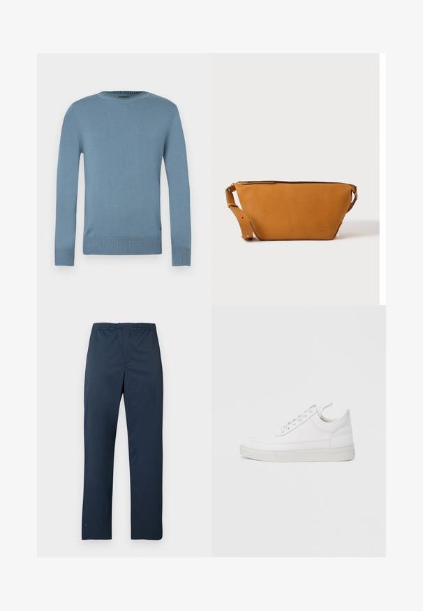 Pull bleu clair en tissu maille lisse avec manches longues, col et bord inférieur côtelés. Présente un design simple sans motifs.; Pantalon bleu marine léger avec une ceinture élastique et des jambes droites. Texture lisse sans motifs ni accents visibles.; Baskets en cuir blanc avec un embout arrondi, une semelle plate et un laçage à l'avant. Présentent des détails de couture et un col rembourré pour plus de confort.; Sac bandoulière en cuir marron clair avec sangle réglable et fermeture éclair, présenté sur un fond clair uni.