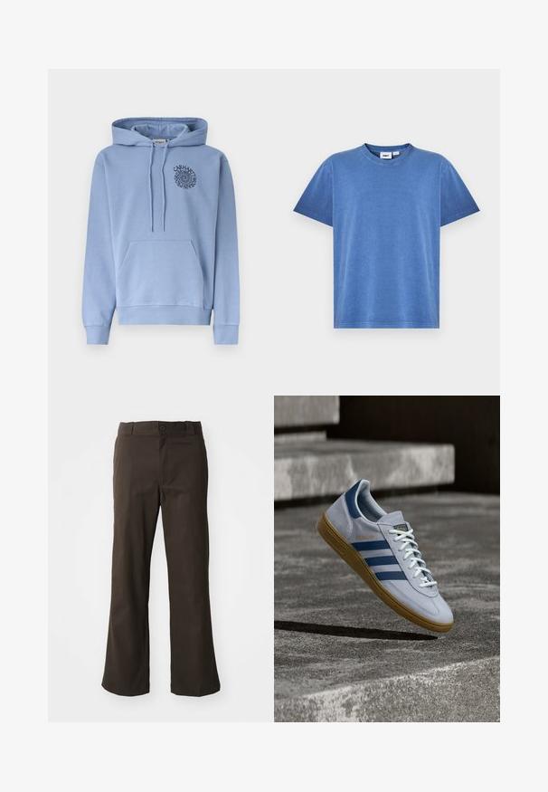 Sweat à capuche bleu clair avec poche frontale et logo texte en spirale sur la poitrine gauche indiquant "Carhartt WIP Progress Since 1989."; T-shirt en coton bleu avec un col rond, des manches courtes et une coupe décontractée. Présente une texture lisse et des coutures minimales.; Pantalons marron évasés avec une texture lisse, dotés d'une fermeture à bouton à l'avant et de poches sur les côtés. Design simple et droit.; Baskets Adidas Spezial bleu clair avec des rayures bleu marine et une semelle en gomme, montrées en l'air au-dessus d'escaliers en béton dans un environnement extérieur neutre.