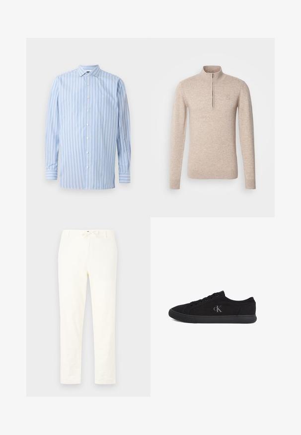 INDICODE JEANS Svetrík - beige mix; Svetlomodrá košeľa s dlhými rukávmi s vertikálnymi bielymi a svetlomodrými pruhmi, so zapínaním na gombíky, golierom a malým vyšitým logom na hrudi.; Biele, ľahké ľanové nohavice s elastickým pásom na šnurovanie. Rovný strih, minimálna textúra a žiadne viditeľné vzory alebo hardvérové detaily.; Čierna nízka teniska so šnurovaním vpredu, gumovou podrážkou a sivým logom „cK“ na boku, pohľad z vonkajšej strany.