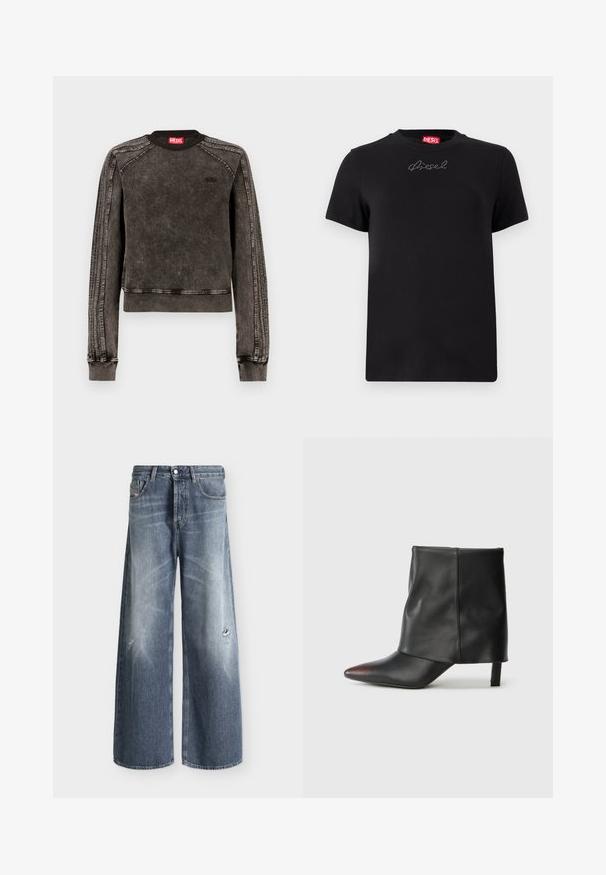 Sweat-shirt en denim noir avec finition délavée, encolure ronde, poignets côtelés et bandes latérales. Présente un logo discret sur la poitrine.; T-shirt noir Diesel à manches courtes avec un petit logo en strass centré juste en dessous de l'encolure.; Jean bleu à coupe large avec légère décoloration et petits détails usés sur le haut des cuisses, avec cinq poches et passants pour ceinture.; Bottine noire en cuir lisse avec un bout pointu et un talon effilé. La tige présente un design légèrement froncé.