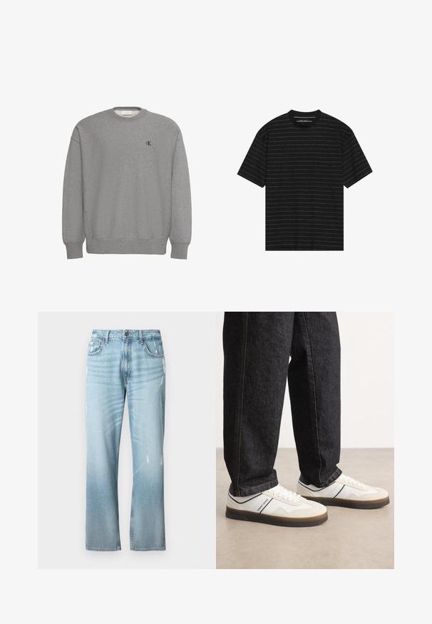 Hellgraues Sweatshirt mit Rundhalsausschnitt, langen Ärmeln, gerippten Bündchen und Saum sowie kleinem schwarzem "cK"-Logo auf der linken Brust.; Schwarzes Kurzarm-T-Shirt mit schmalen weißen horizontalen Streifen. Hergestellt aus weichem Stoff mit einem Rundhalsausschnitt und entspannter Passform.; Hellblaue Denim-Jeans mit einem leicht lockeren, geraden Schnitt, Distressed-Details, klassischem Fünf-Taschen-Design und einem Knopfverschluss.; Weiße und hellgraue Sneakers mit einem strukturierten Obermaterial aus Wildleder und Leder, brauner Gummisohle und navyblauem Akzentstreifen. Getragen mit dunklen Jeans.