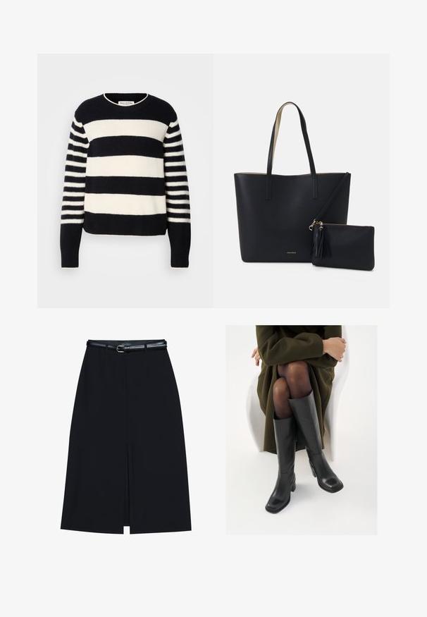 Marineblå og cremefarvet stribet sweater med rund hals, der har et tykt vandret mønster og tynde lodrette striber på ærmerne.; Sort knælang nederdel med en foran slids, lavet af glat stof. Har et tyndt sort bælte med en sølvfarvet spænde og bæltestropper.; Knæhøje sorte læder støvler med firkantet tå og blokhæl, vist med en model siddende i en olivengrøn frakke. Glat tekstur, minimal detaljer.; Sort tote taske med struktureret materiale, to lange håndtag og en aftagelig lynlåspose med en frynse-detalje. Guld mærkelogo synligt.