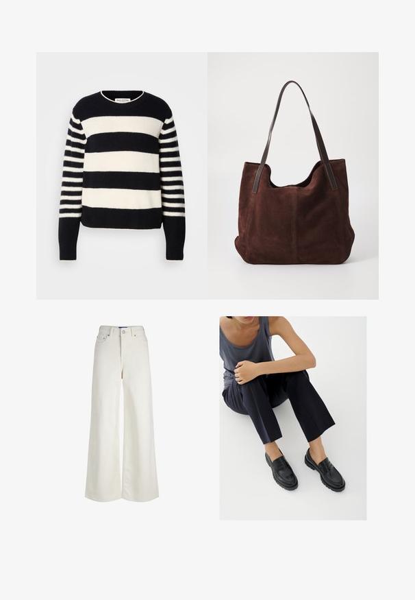 Pull rayé bleu marine et crème avec un col rond, présentant un motif horizontal épais et de fines rayures verticales sur les manches.; Jean en denim blanc taille haute à jambes larges, fermeture à boutons et zip devant, passants pour ceinture et détails de poches.; Mocassins en cuir noir avec accents texturés, talon bas, bout arrondi, et coutures visibles. Modèle portant un pantalon sombre et un haut gris.; Sac fourre-tout en daim marron avec deux anses en cuir noir. Texture douce, haut arrondi et un intérieur spacieux. Aucun matériel ou embellissement visible.