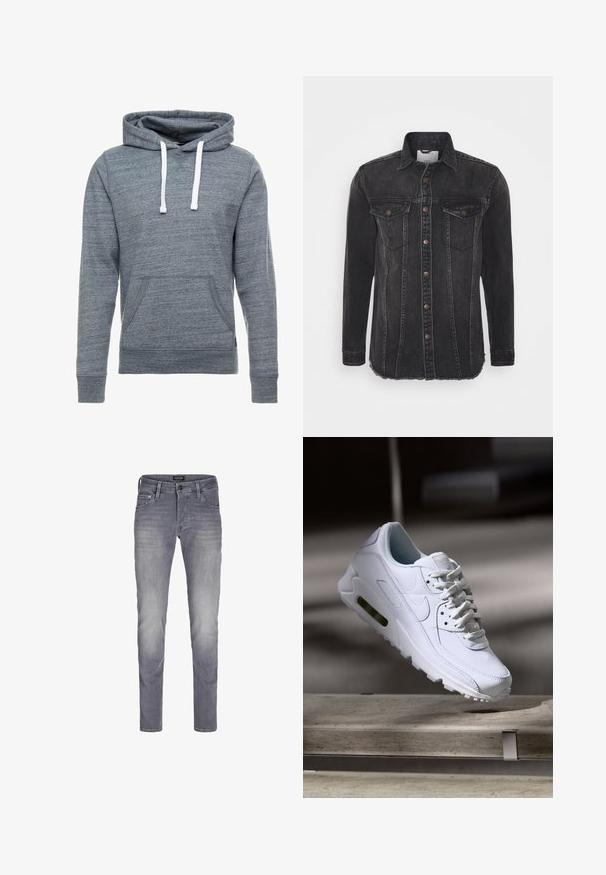 Grå hættetrøje lavet af blødt, tekstureret stof. Den har en frontlomme, hvide snore og ribkantede ærmer og bund. Casual design.; Sort denimjakke med lange ærmer, knaplukning, to brystlommer og frynset kant. Har subtil falming og syede detaljer.; Lys grå denim jeans med slim fit, der har fem lommer, knaplukning og subtilt slid for tekstur og dybde.; Hvide lædersneakers med teksturerede overflader, polstret krave og synlig luftpolstring i sålen. Har snørrebånd og et minimalistisk design.