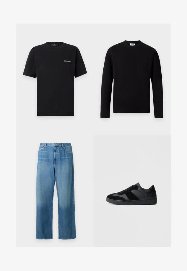 Sort langærmet crew neck sweater lavet af blødt stof. Har en venstre brystlomme og en lige kant med minimale teksturdetaljer.; Sort kortærmet T-shirt med rund halsudskæring og lille hvid "BELSTAFF" logo på venstre bryst mod en ensfarvet baggrund.; Lyseblå vidde bukser i denim. Har en midtalje, fem-lomme design og en falmet vask med synlige syninger.; Sorte sneakers med en kombination af glat læder og ruskind, med en tekstureret sort gummisål og subtil stripingdetalje.