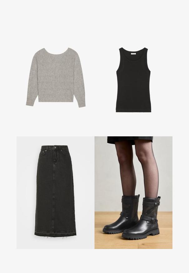 Anna Field Pullover - taupe; Débardeur noir sans manches en coton doux, avec un col rond et une silhouette ajustée. Design simple sans motifs ni accents visibles.; Jupe midi en denim noir avec taille ajustée, fermeture à boutons sur le devant et ourlet effiloché. Présente un design classique à cinq poches et une légère texture.; Bottes noires à chevilles avec une finition en cuir lisse et un dessus en maille texturée. Dotées de deux sangles avec boucles circulaires. Semelle en caoutchouc striée.