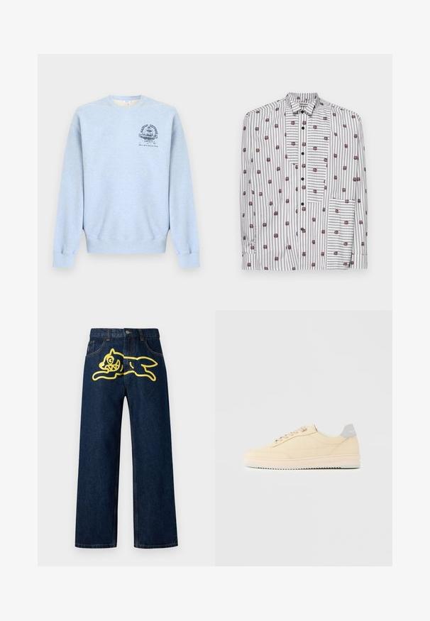 Lyseblå crewneck-sweatshirt med lange ærmer og en lille mørkeblå grafik på venstre bryst, der viser en fontæne og tekst.; Knapp-up skjorte med skiftende grå og hvide striber samt små maroon blomsterakcenter, en lomme og uden krave.; Mørkeblå denim jeans med et stort gult grafisk motiv af en springende karakter på baglommen. Lige ben design med standard syninger.; Beige lavtop sneaker med snørelukning foran, lyserød sål og grå hællap med mærket "Filling Pieces", vist i profil på ensfarvet baggrund.