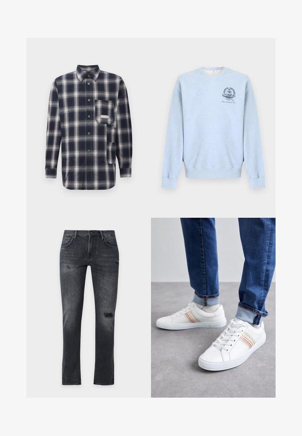 Hellblaues Sweatshirt mit Rundhalsausschnitt, langen Ärmeln und einer kleinen dunkelblauen Grafik auf der linken Brust, die einen Springbrunnen und Text zeigt.; Flanellhemd im dunkelblauen und hellgrauen Karomuster. Hat einen Kragen, eine Knopfleiste und eine Brusttasche auf der linken Seite. Weicher Stoff.; Schwarze Slim-Fit-Jeans mit ausgefransten Löchern und weißen Farbspritzern, mit Taschen vorne und hinten und Gürtelschlaufen.; Weiße Leder-Sneaker mit mehrfarbigen Streifen, Schnürdesign, Gummisohle und gepolstertem Kragen, kombiniert mit blauen Jeans.