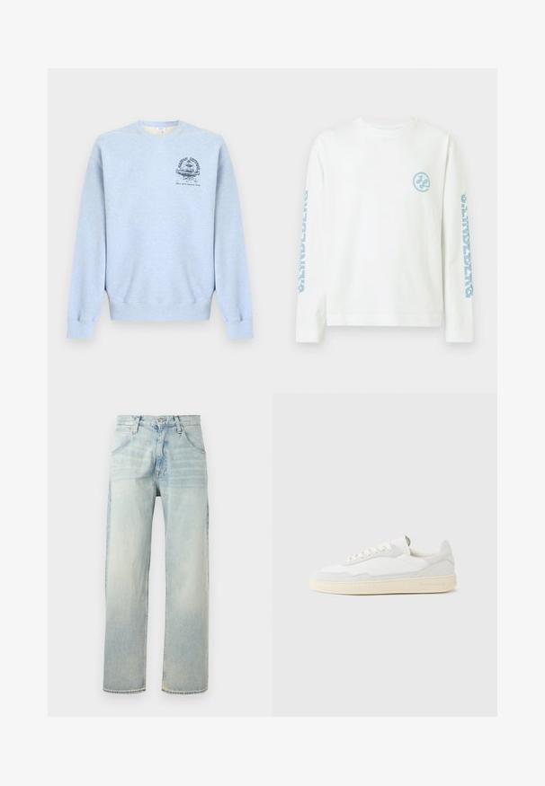 Sweat-shirt bleu clair à col rond avec manches longues et un petit motif bleu foncé sur le côté gauche de la poitrine représentant une fontaine et du texte.; Chemise blanche à manches longues avec un logo circulaire bleu clair sur la poitrine gauche et le mot "ORIGINALS" imprimé verticalement en bleu clair sur les deux manches.; Jean denim bleu clair droit avec fermeture bouton et zip, poches avant et arrière, et détails d'aspect délavé.; Baskets blanches avec dessus en daim et cuir texturé. Caractérisées par un bout arrondi, une fermeture à lacets et une semelle en caoutchouc beige contrastante.