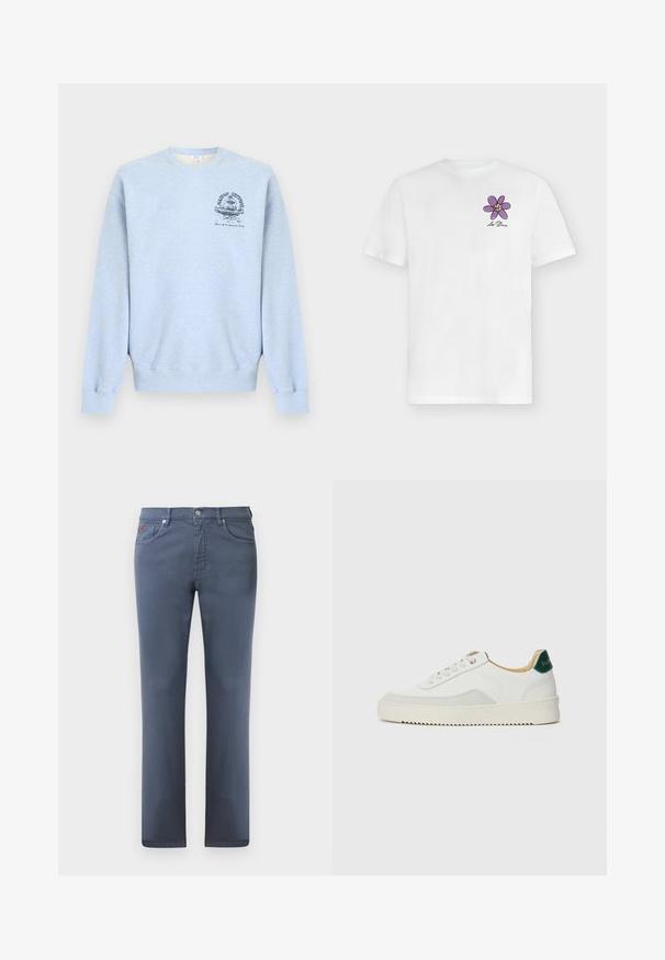 Sudadera azul claro con cuello redondo, mangas largas y un pequeño gráfico azul oscuro en el pecho izquierdo que muestra una fuente y texto.; Camiseta blanca de manga corta con una pequeña flor morada y el texto "Les Deux" en el pecho izquierdo.; Jeans de mezclilla gris con corte recto, cinco bolsillos y cierre de botón metálico. Presenta costuras sutiles y un pequeño detalle de logo.; Zapatilla blanca con acentos de ante, puntera redondeada, cordones planos y suela de goma color crema. Presenta un logo verde en el talón.