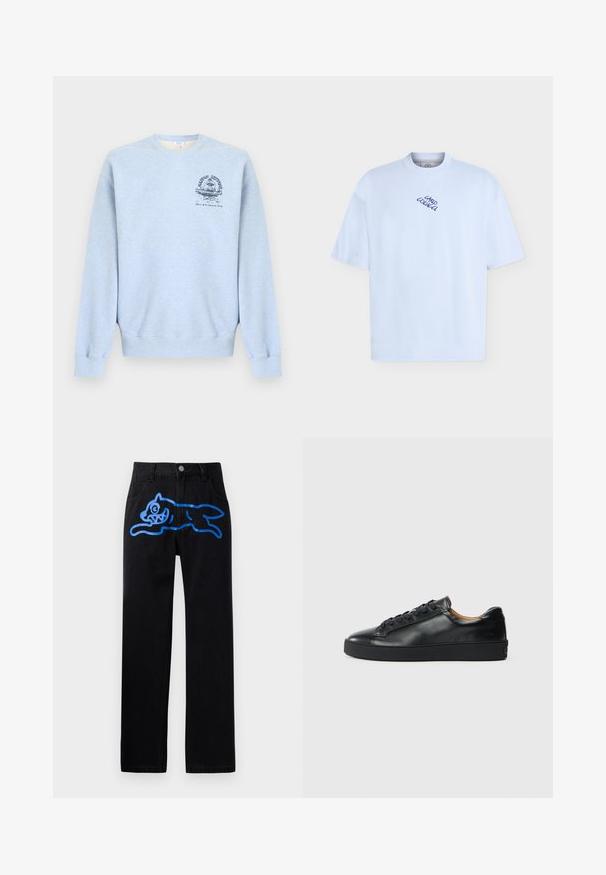 Lichtblauwe crewneck-trui met lange mouwen en een kleine donkerblauwe afbeelding op de linkerborst met een fontein en tekst.; Lichtblauw T-shirt met korte mouwen, ronde hals en klein marineblauw schriftlogo, gecentreerd bij de kraag en voorzien van de tekst "Carlo Colucci".; Zwarte denim broek met een relaxte pasvorm, met een levendige blauwe graphic van een springende kat aan de voorkant. Klassiek vijf-pocket ontwerp.; Zwarte leren sneaker met een gladde textuur, ronde neus en vetersluiting. Heeft een dikke rubberen zool en minimale merkaanpassing.