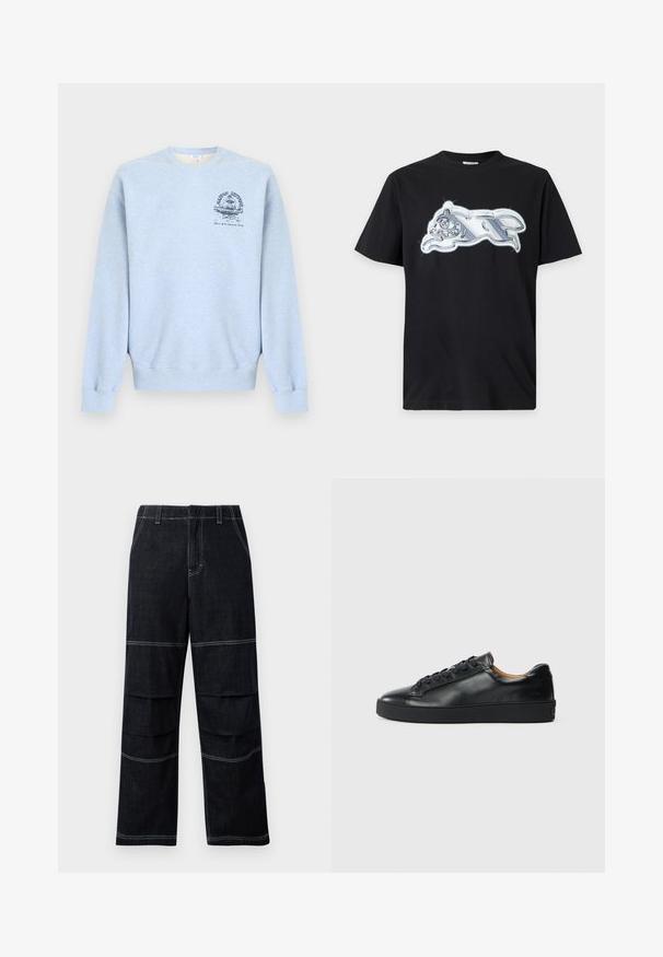 Lyseblå crewneck-sweatshirt med lange ærmer og en lille mørkeblå grafik på venstre bryst, der viser en fontæne og tekst.; Sort t-shirt med korte ærmer med en skinnende sølvmetalisk grafik af et løbende dyr på brystet.; Mørke denim vide bukser med høj talje, der har kontrasterende syninger og lagdelte lommer hen over lårerne.; Sorte lædersneakers med en glat overflade, rund tå og snørebåndslukning. Har en tyk gummisål og minimal branddetalje.