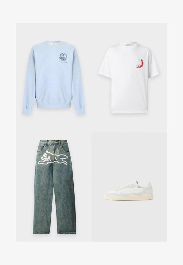 Lyseblå crewneck-sweatshirt med lange ærmer og en lille mørkeblå grafik på venstre bryst, der viser en fontæne og tekst.; Hvid T-shirt med korte ærmer med et rødt chilipebergrafik og teksten "Replay" trykt på venstre brystområde.; Lyseblå denimjeans med en løs pasform, der har et stort hvidt kattegrafik på venstre ben og et traditionelt femlomme-design.; Hvid sneakers med en øvre del i tekstureret ruskind og læder. Har rundet tå, snørelukning og kontrasterende beige gummisål.