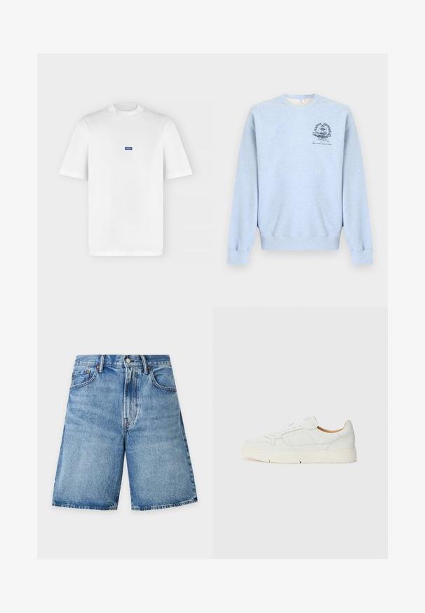 Lichtblauwe crewneck-trui met lange mouwen en een kleine donkerblauwe afbeelding op de linkerborst met een fontein en tekst.; Wit T-shirt met korte mouwen en een ronde hals met een klein blauw rechthoekig "HUGO"-logo gecentreerd op de borst.; Blauwe denimshorts met voorzakken, riemlussen, knoopsluiting en vervaagde wasdetails op een effen lichte achtergrond.; Witte leren sneaker met een textuur oppervlak, ronde neus en geperforeerde details. Voorzien van witte veters en een lichtbeige rubberen zool.