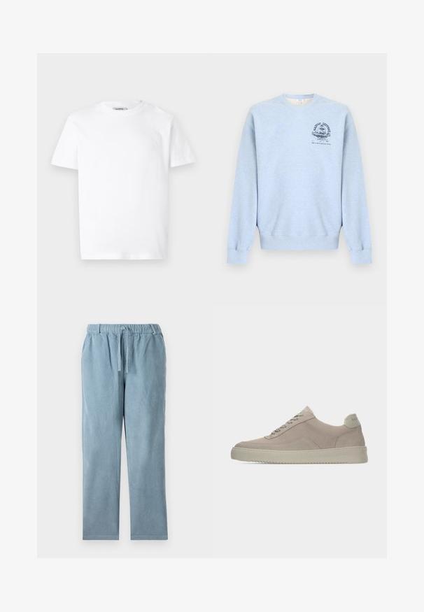 Sweat-shirt bleu clair à col rond avec manches longues et un petit motif bleu foncé sur le côté gauche de la poitrine représentant une fontaine et du texte.; T-shirt en coton blanc avec un col rond et des manches courtes. Présente un petit logo en relief sur la poitrine gauche. Texture lisse.; Pantalons en velours côtelé bleu clair avec un waistband élastique, un cordon de serrage, une coupe droite et une texture côtelée. Pas de poches visibles.; Baskets en daim beige avec une finition texturée, un bout arrondi et des lacets ton sur ton. Elles présentent une semelle en caoutchouc épaisse et un branding discret sur le talon.
