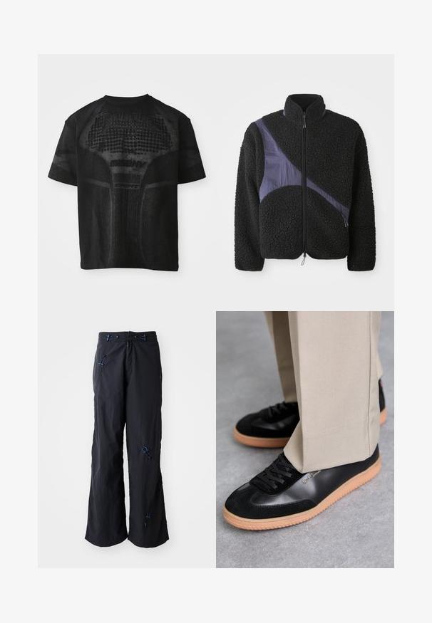 Sort fleecejakke med en diagonal lilla nylonaccent, høj krave, lynlås lukning og tekstureret stof for varme.; Sort sport T-shirt med korte ærmer og struktureret mønster samt diskret "MISBHV SPORT" tekst på fronten.; Sorte, lette bukser med vidde og struktureret overflade. Har blå detaljer og justerbare toggles. Lynlåslukning.; Paul Smith COMO - Sneakers - black