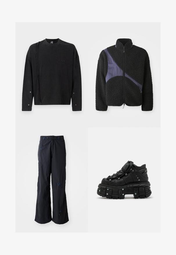Sort fleecejakke med en diagonal lilla nylonaccent, høj krave, lynlås lukning og tekstureret stof for varme.; Sort langærmet sweatshirt med rund hals, der har et subtilt logo foran og trykknapdetaljer på ærmerne, lavet af blødt stof.; Sorte, lette bukser med vidde og struktureret overflade. Har blå detaljer og justerbare toggles. Lynlåslukning.; Sorte læder høj-top sneakers med en tykk gummisål, snørebåndsdesign, polstret krave og metal accenter. Har en mønstret sål for godt greb.