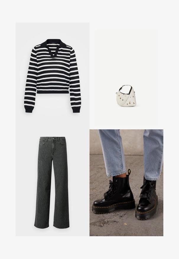 Sort-hvid stribet strikket sweater med lange ærmer, V-hals og ribkanten ved ærmer og kant.; Bredde ben jeans i mørkegrå denim med en subtil zebra-mønster tekstur, kontrastsyninger og fem lomme design med en knap zip.; Person iført lyseblå jeans og sorte læder platformssnørestøvler med gul syning på en beton gulv.; Lille hvid håndtaske med brune pletter, afrundet trekantet form, sort indvendig foring og kort justerbar rem med sølvspænde.